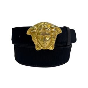 Gianni Versace Vintage Gold Tone Medusa Black Fur Calfskin Leather Belt Size 28
